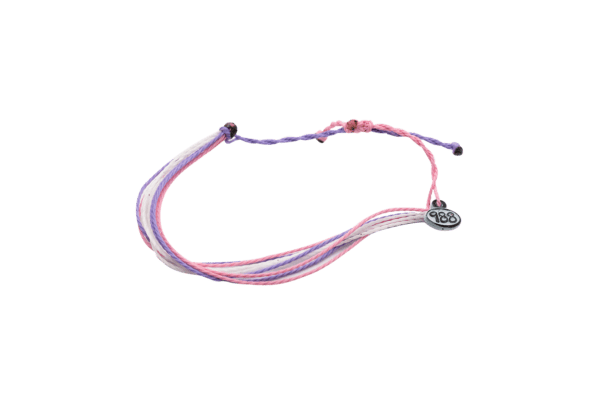 A pink and purple wire with a black button.